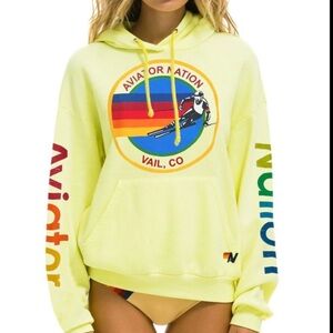 Aviator Nation Bright Yellow Hoodie with Rainbow Logo